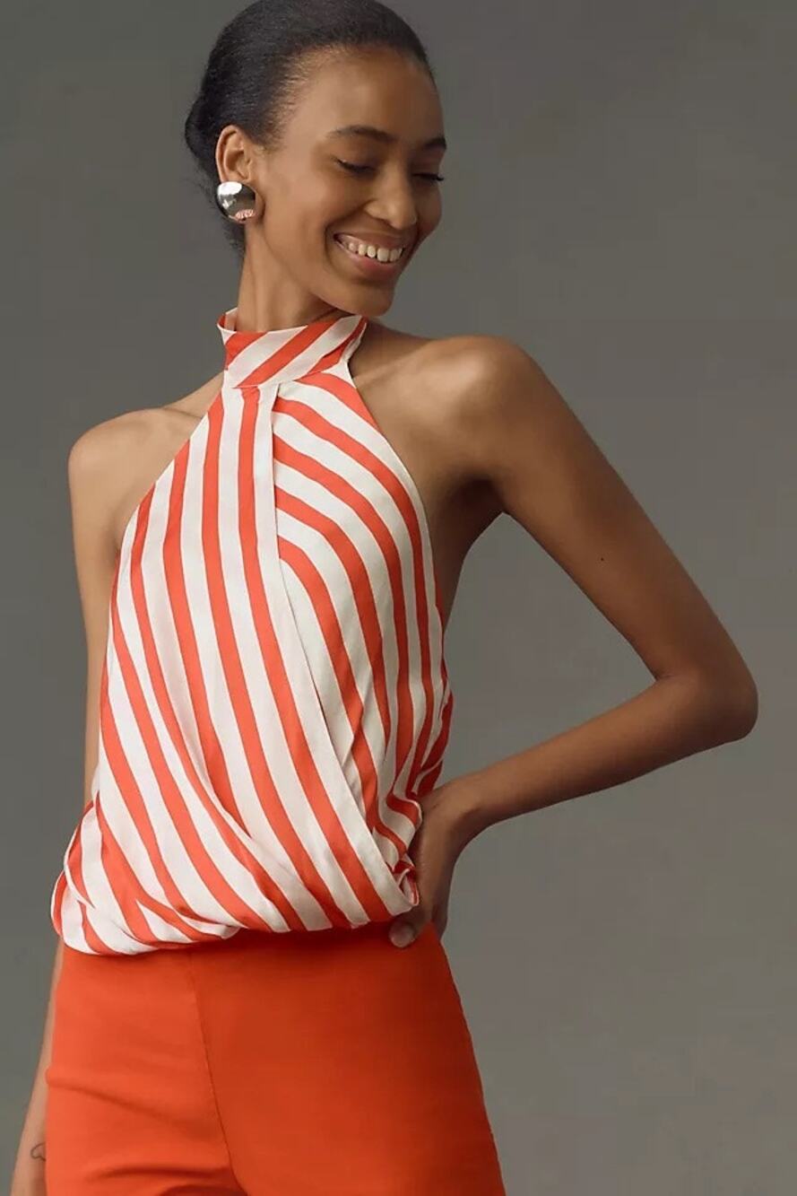 Maeve Halter Scarf Bubble-Hem Top Orange White Stripe Open Back Tie Large